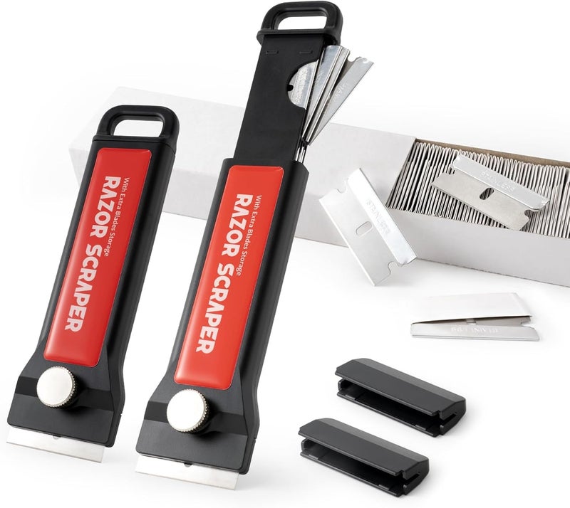 Gomake Razor Blade Scraper Tool with Blade Container 2PCS Cooktop Stove Scraper with Extra 100PCS Stainless Steel Blades for Glass,Paint and Old Label,Decal Sticker Remover, Stove Top Cleaning (W79) - Image 1